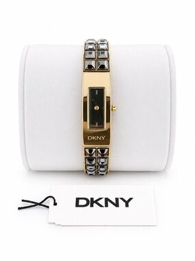 DKNY Gold Bracelet Watch with Black Dial and Silver Stud Accents